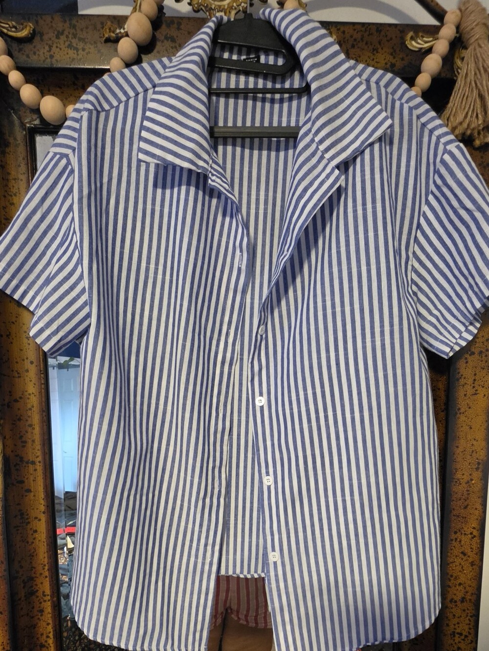 SHEIN Blue and White Striped Short-Sleeve Button-Down Shirt